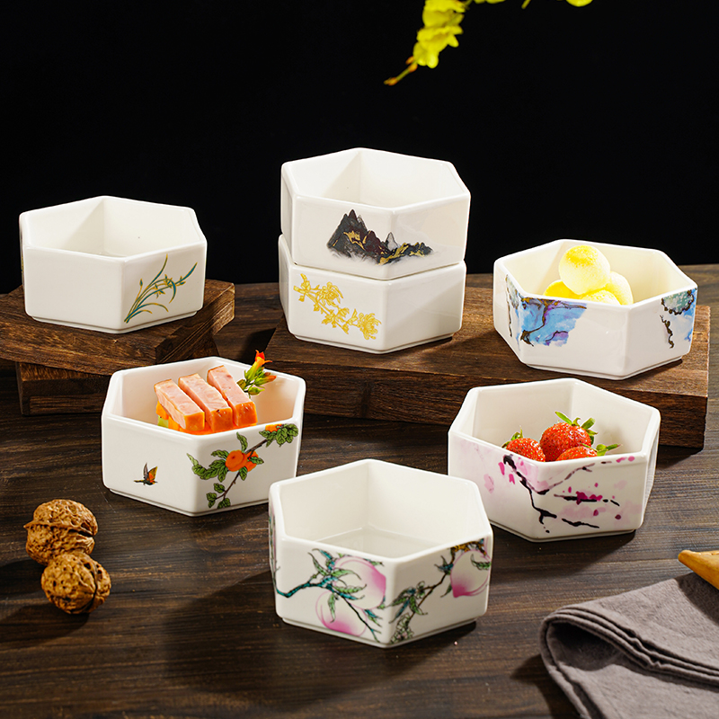 中式陶瓷六角盅创意植物花蕾图案