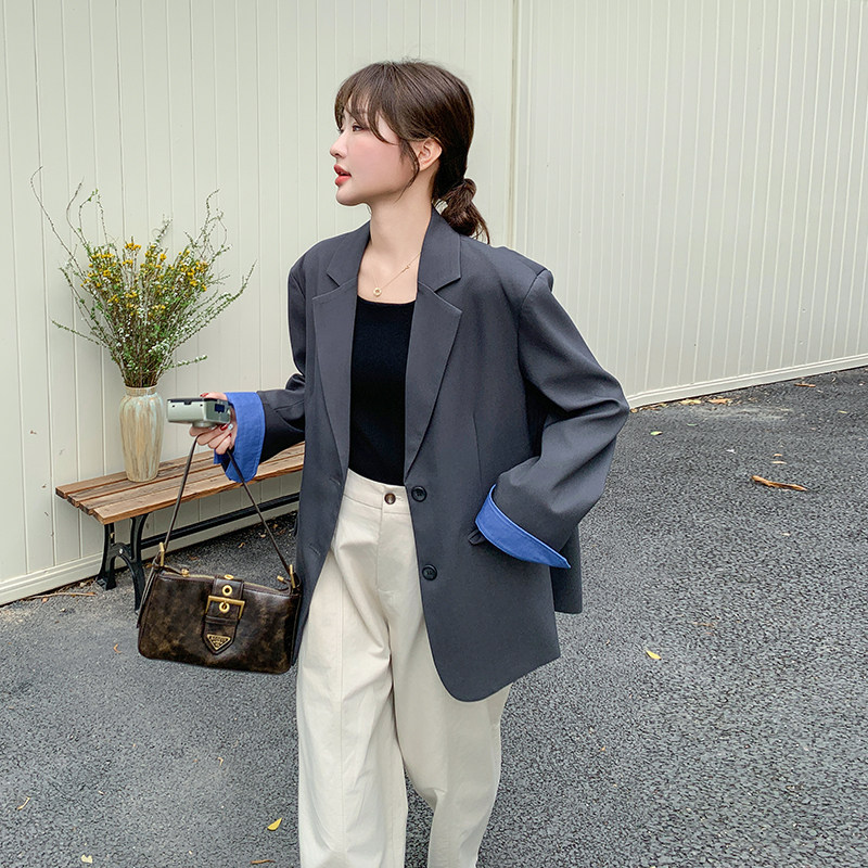 韩系通勤风宽松灰色小西装女2025春新款休闲百搭又酷又飒短外套,女装西装,2C198