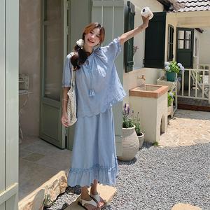 法式浅蓝色上衣半身裙套装女2025年夏季新款设计感小众气质两件套图片