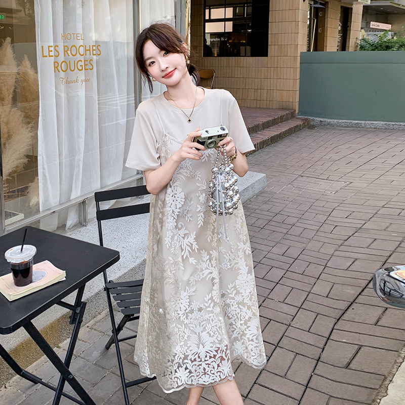 轻熟风一整套ootd穿搭减龄2025夏季新款提花罩衫叠穿T恤裙,女装连衣裙,2C198