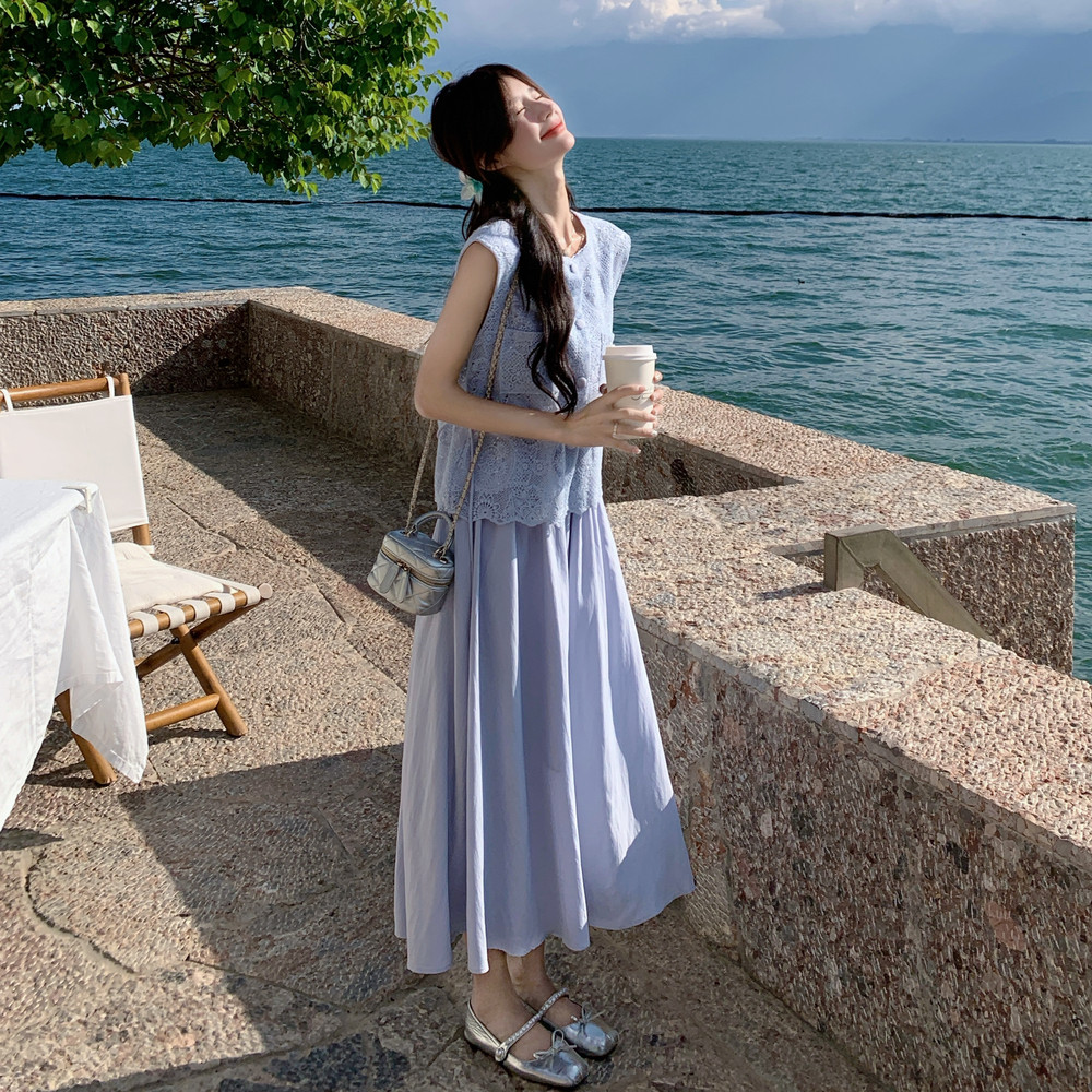 时尚洋气设计感收腰无袖上衣套装女2025夏季新款清新半身裙两件套,女装套装/套裙,2C198