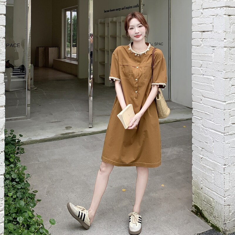 休闲气质工装焦糖色连衣裙女夏2025新款独特别致裙子大方得体爆款,女装连衣裙,2C198