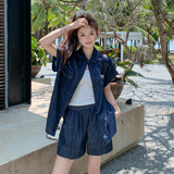 深蓝色复古牛仔衬衫短裤套装女2025年夏季新款时尚洋气穿搭一整套，女装套装/套裙，2C198