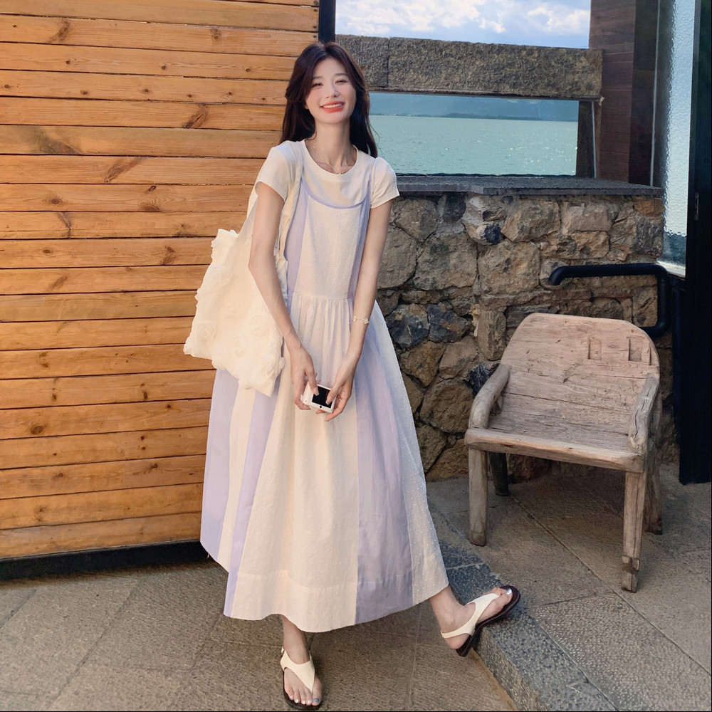 撞色拼接吊带连衣裙女2025夏季新款法式度假风甜美减龄长裙两件套,女装连衣裙,2C198
