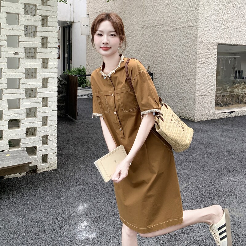 休闲气质工装焦糖色连衣裙女夏2025新款独特别致裙子大方得体爆款,女装连衣裙,2C198