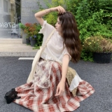 设计感不规则轻薄t恤套装女夏新款轻薄显瘦格纹拼接半身裙两件套，女装连衣裙，2C198