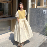 黄色提花泡泡袖连衣裙女2025夏季新款韩系超好看甜美减龄a字长裙，女装连衣裙，2C198