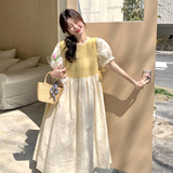 黄色提花泡泡袖连衣裙女2025夏季新款韩系超好看甜美减龄a字长裙，女装连衣裙，2C198