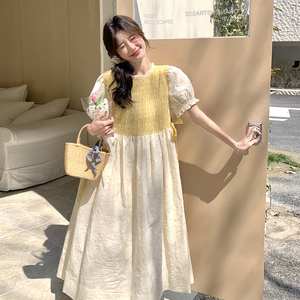 黄色提花泡泡袖连衣裙女2025夏季新款韩系超好看甜美减龄a字长裙图片