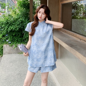新中式国风印花套装女2025夏季新款气质高级感盘扣上衣短裤两件套图片
