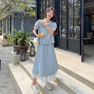 甜美减龄新中式蕾丝拼接半身裙女夏2025新款清纯系穿搭图片