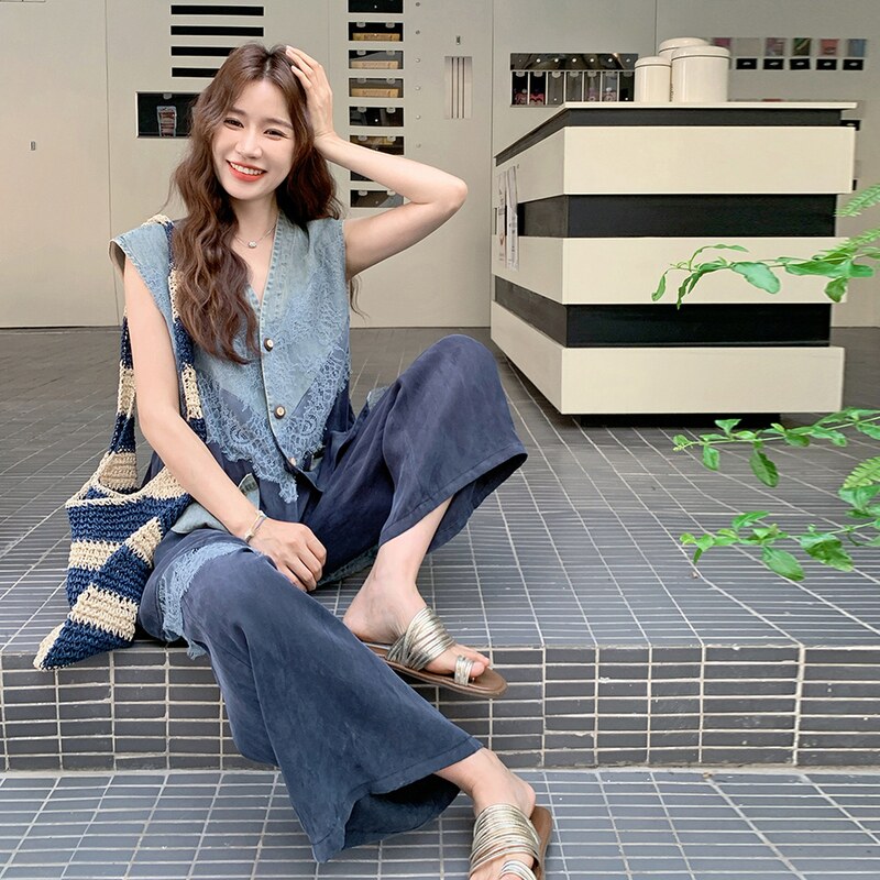 蕾丝拼接马甲阔腿裤套装女夏老钱风小众不撞款大方得体两件套超火,女装套装/套裙,2C198