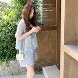 蓝色设计感镂空刺绣套装女2025夏季新款巨好看上衣休闲短裤两件套，女装套装/套裙，2C198