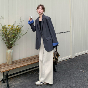 韩系通勤风宽松灰色小西装女2025春新款休闲百搭又酷又飒短外套图片