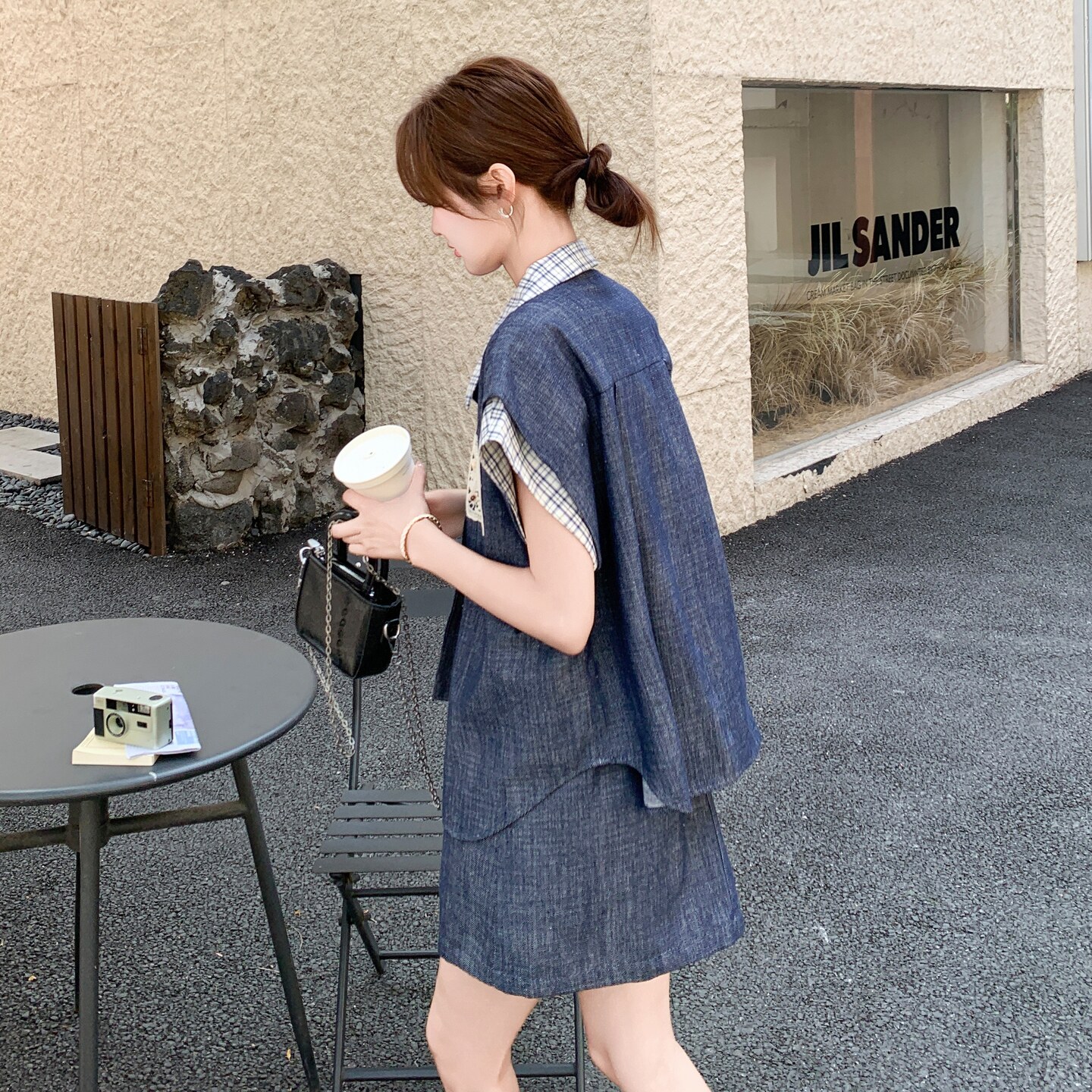 小个子轻薄格纹拼接衬衫套装女夏新款小个子休闲显瘦半身裙两件套,女装套装/套裙,2C198