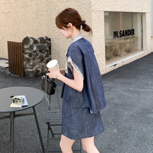 小个子轻薄格纹拼接衬衫套装女夏新款小个子休闲显瘦半身裙两件套图片
