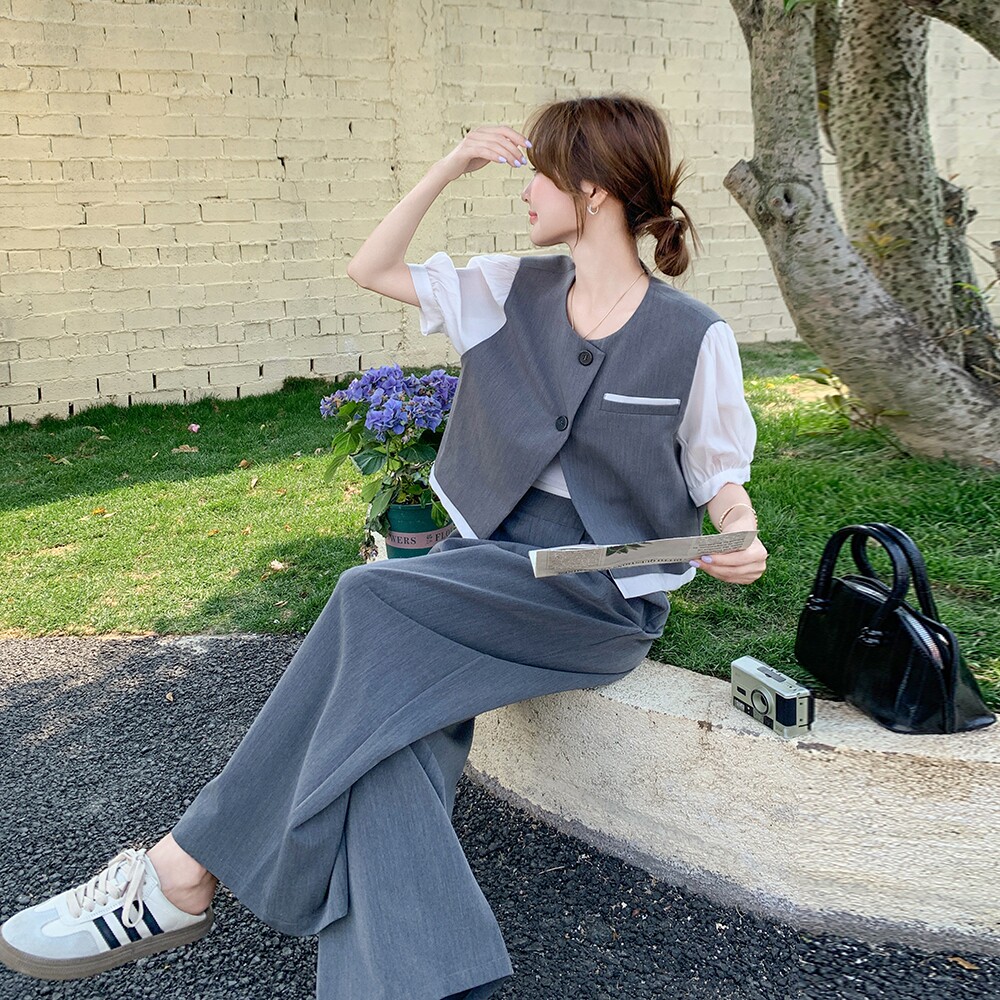 灰色假两件套装女2025夏季一整套ootd穿搭高级感上衣阔腿裤两件套,女装套装/套裙,2C198