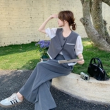 灰色假两件套装女2025夏季一整套ootd穿搭高级感上衣阔腿裤两件套，女装套装/套裙，2C198