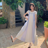撞色拼接吊带连衣裙女2025夏季新款法式度假风甜美减龄长裙两件套，女装连衣裙，2C198