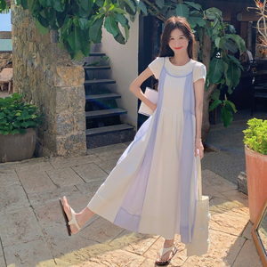 撞色拼接吊带连衣裙女2025夏季新款法式度假风甜美减龄长裙两件套图片