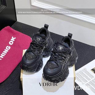 欧货厚底内增高10cm老爹鞋女春季小个子休闲超好看水钻黑色运动鞋