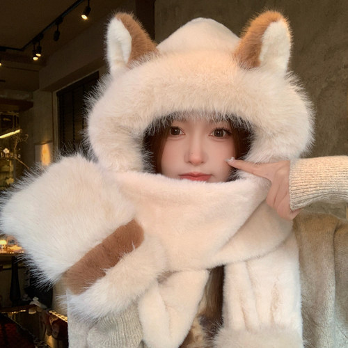 可爱毛绒狐狸帽子围巾手套一体