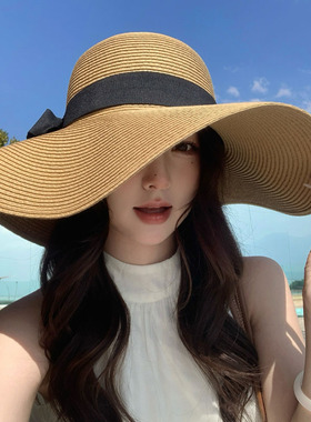 新款大帽檐草帽女夏季遮阳防晒草编帽子户外海边度假沙滩太阳帽潮