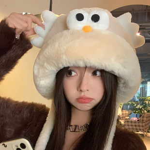 可爱卡通毛绒绒帽子女冬季加厚保暖护耳雷锋帽大头围显脸小套头帽