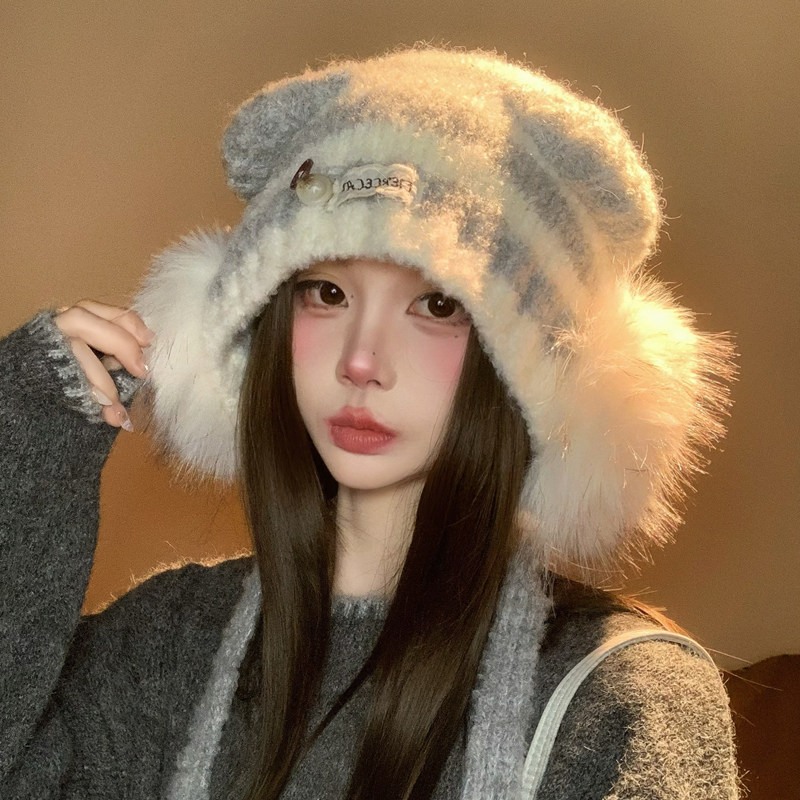 毛绒耳罩条纹猫耳朵针织帽子女秋冬季保暖大头围显脸小护耳毛线帽