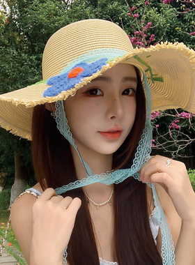 新款甜美手工钩织花朵飘带草帽女夏季大帽檐遮阳防晒度假草编帽子