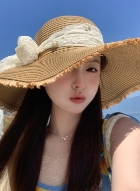 2025新款蕾丝草帽蝴蝶结草帽女夏