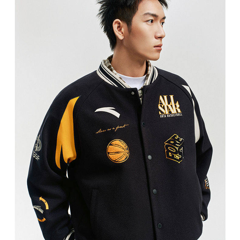 Y安踏美式高街棒球服夹克男子刺绣撞色休闲仿毛呢外套152611738