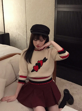 Starry一箭穿心刺绣毛衣 爱心五分袖甜美撞色套头针织衫上衣20秋