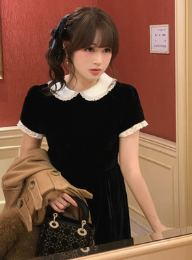 Starry古早小黑裙/重工蕾丝娃娃领丝绒连衣裙 甜美收腰doll公主裙