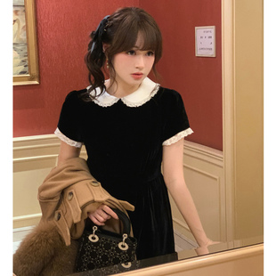 Starry古早小黑裙/重工蕾丝娃娃领丝绒连衣裙 甜美收腰doll公主裙