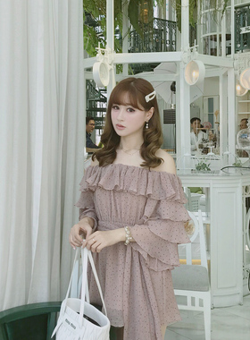 Starry 5折  一字领露肩波点连衣裙 荷叶边收腰A字裙 甜美气质