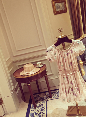 Starry定制 一字领印花连衣裙 泡泡袖露肩花朵蓬蓬裙送衬裙