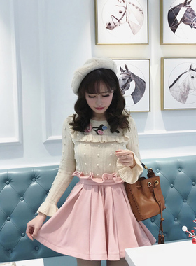 Starry 毛呢高腰荷叶边半身裙 显瘦日系甜美百搭短裙17冬高级定制