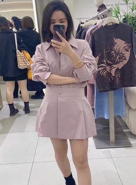 POLO领长袖衬衫百褶短裙两件套装