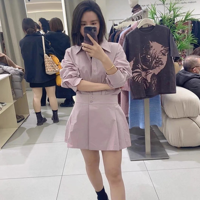 POLO领长袖衬衫百褶短裙两件套装