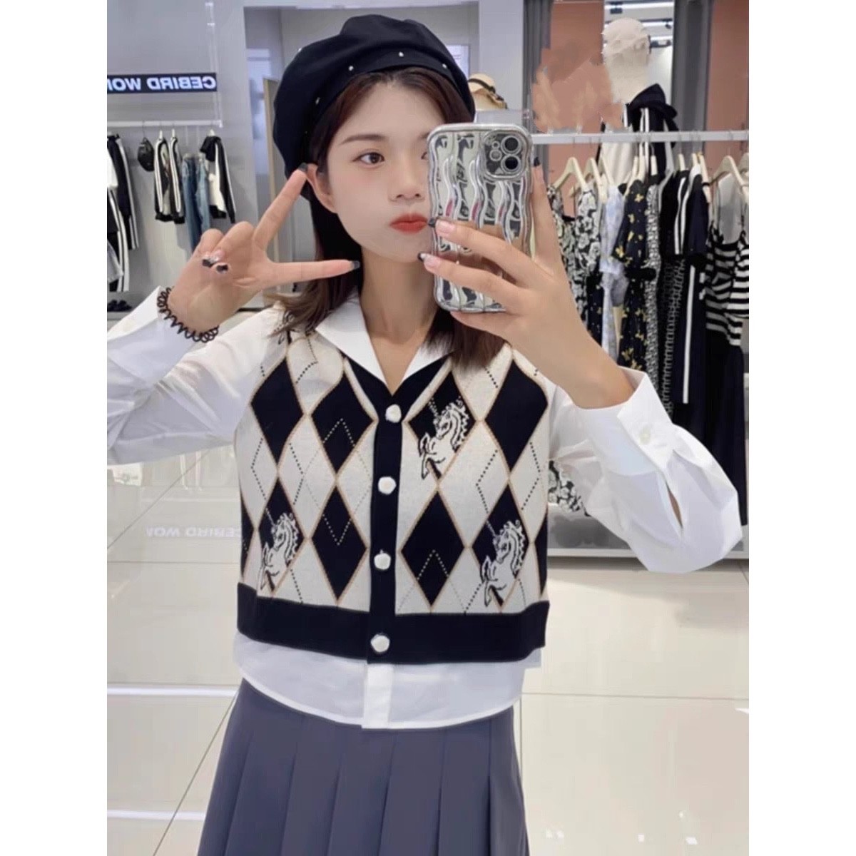 菱格针织拼接假两件休闲百搭衬衫