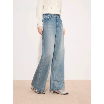 多口袋一粒扣复古做旧直筒牛仔裤