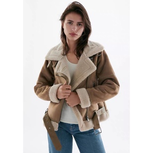 皮毛一体外套 外套1.04 翻领拉链斜门襟麂皮绒羊羔毛拼接机车服厚