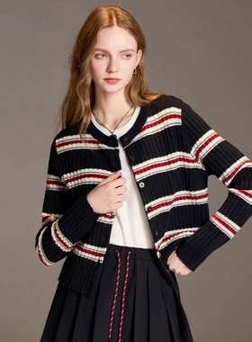 针织衫 圆领单排扣藏青条纹简约休闲百搭秋冬款毛衣开衫 外套0.45