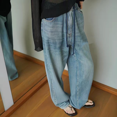 半松紧腰抽绳做旧简约直筒牛仔裤