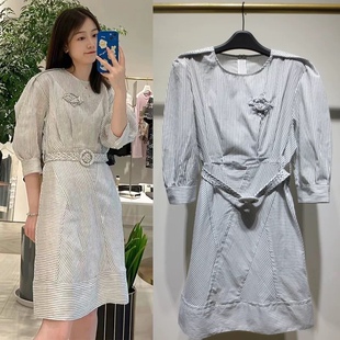 吊带裙百搭 百搭竖条纹编织腰带连衣裙 两件套0.3 时尚 连衣裙套装