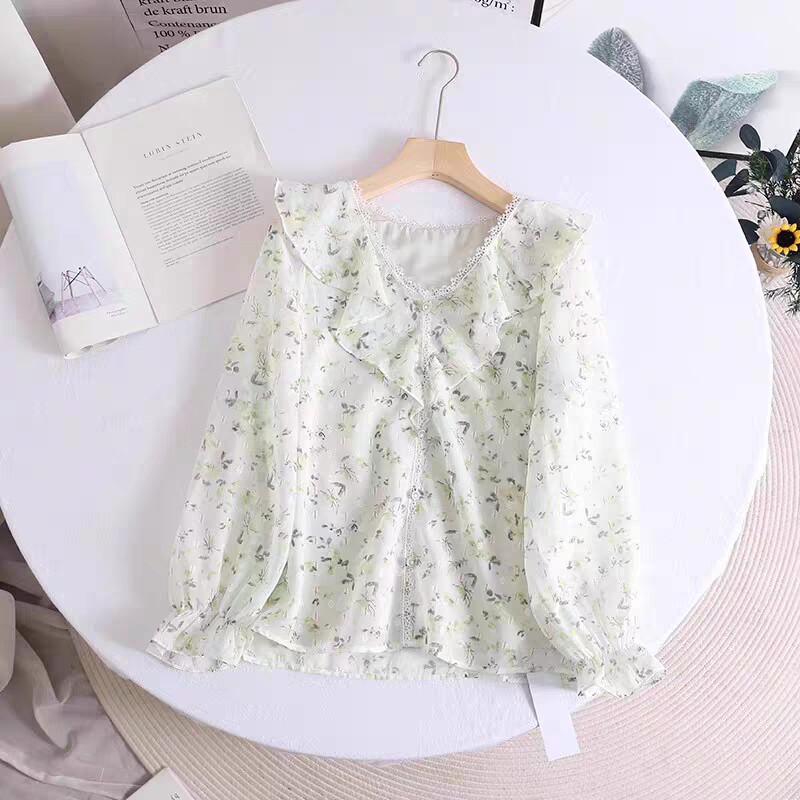 衬衫 春秋款V领刺绣荷叶花边碎花长袖亮丝植绒清新百搭 上衣 0.17