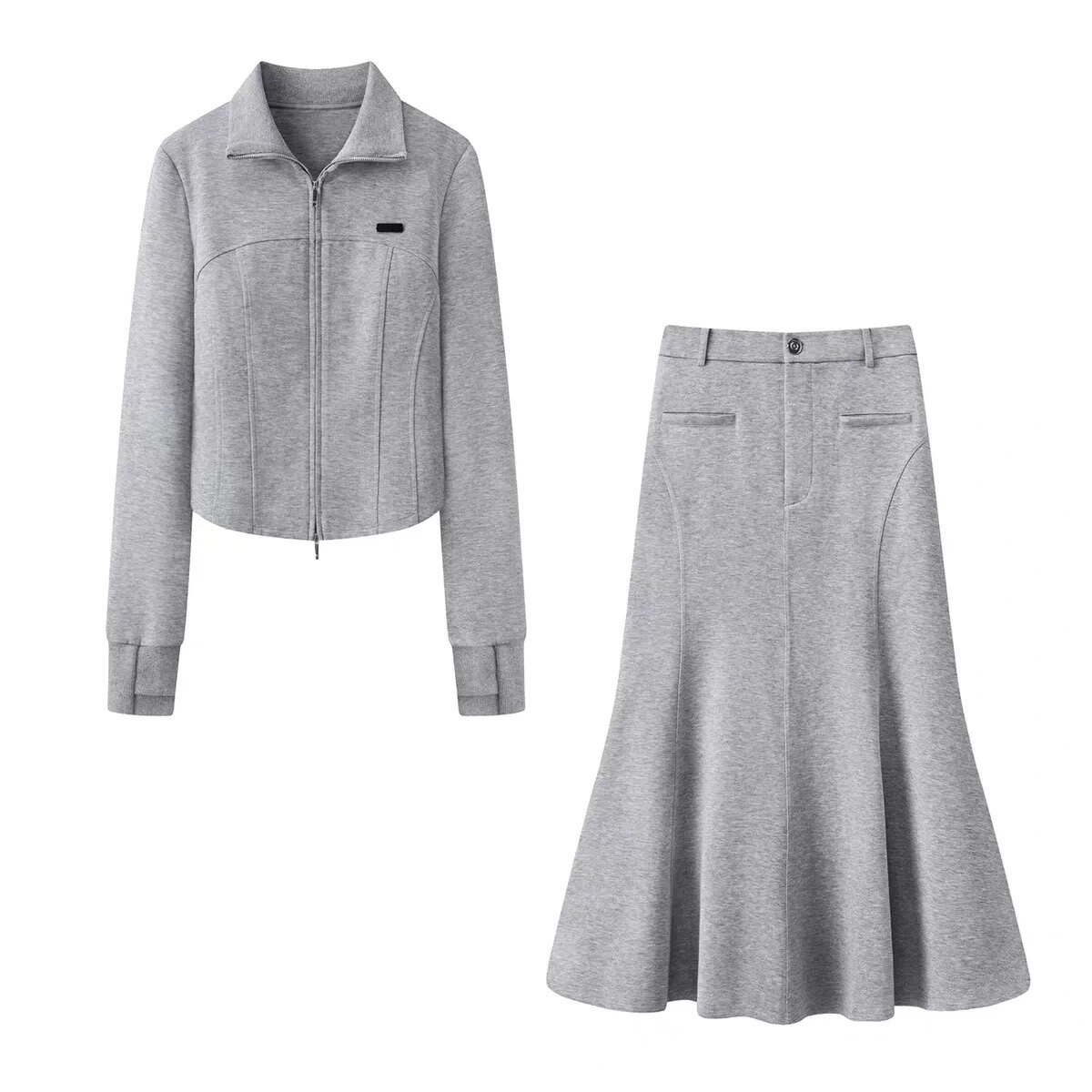 两件套 立领双头拉链修身垫肩卫衣+半身裙鱼尾裙休闲套装套裙0.92