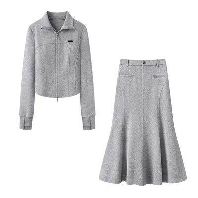 立领卫衣+鱼尾裙半身裙休闲套装