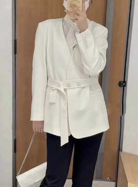 西装  高端新品时尚V领无扣腰带收腰设计感休闲通勤百搭 外套0.67